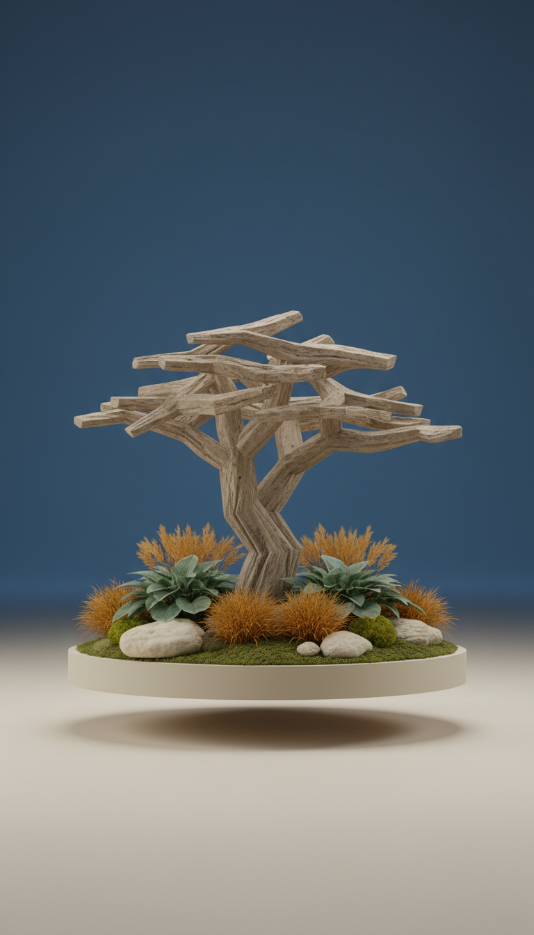 Statement sculptural tree in curated bed