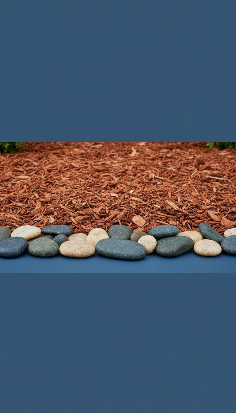 Rich terra mulch with polished stone border